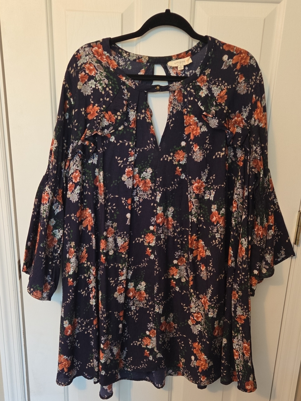 Umgee Navy Floral Keyhole Bell-Sleeve Tunic/Dress Size XL